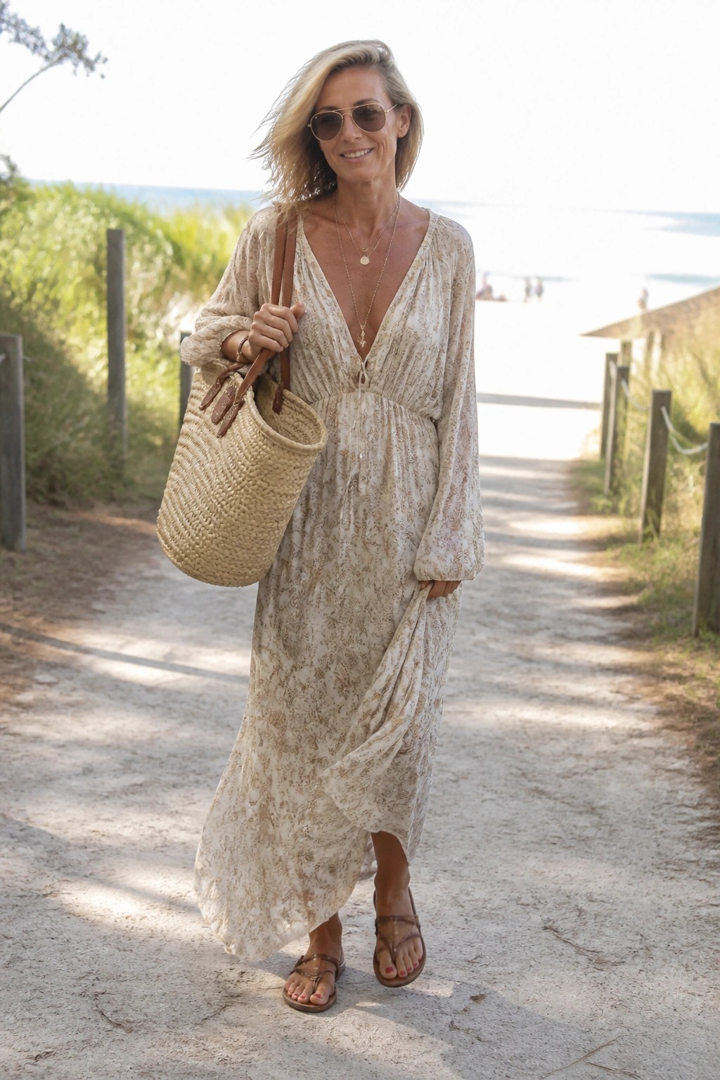 Blonde woman in floral maxi dress holding woven tote on sandy beach path