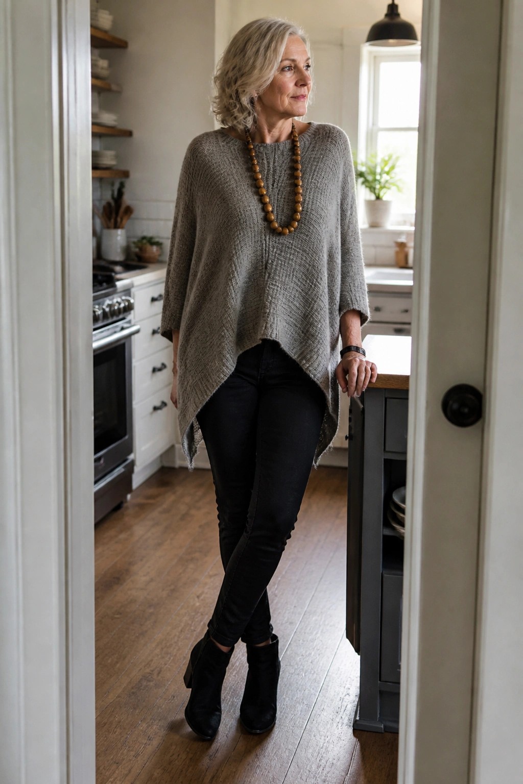 Stylish older woman in gray poncho sweater and black jeans in kitchen.