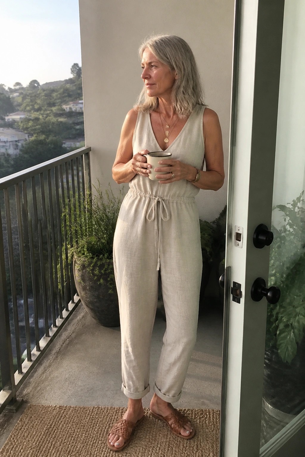 Silver-haired woman in beige jumpsuit holding mug on sunny balcony