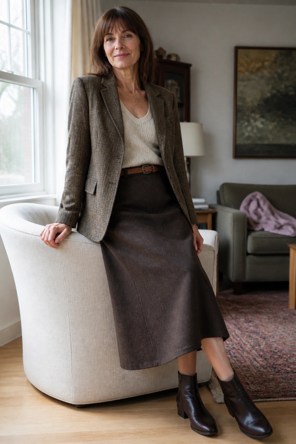 Woman over 50 wearing a brown tweed blazer over a cream knit sweater, paired with a matching brown midi skirt, brown leather belt, and dark brown ankle boots.