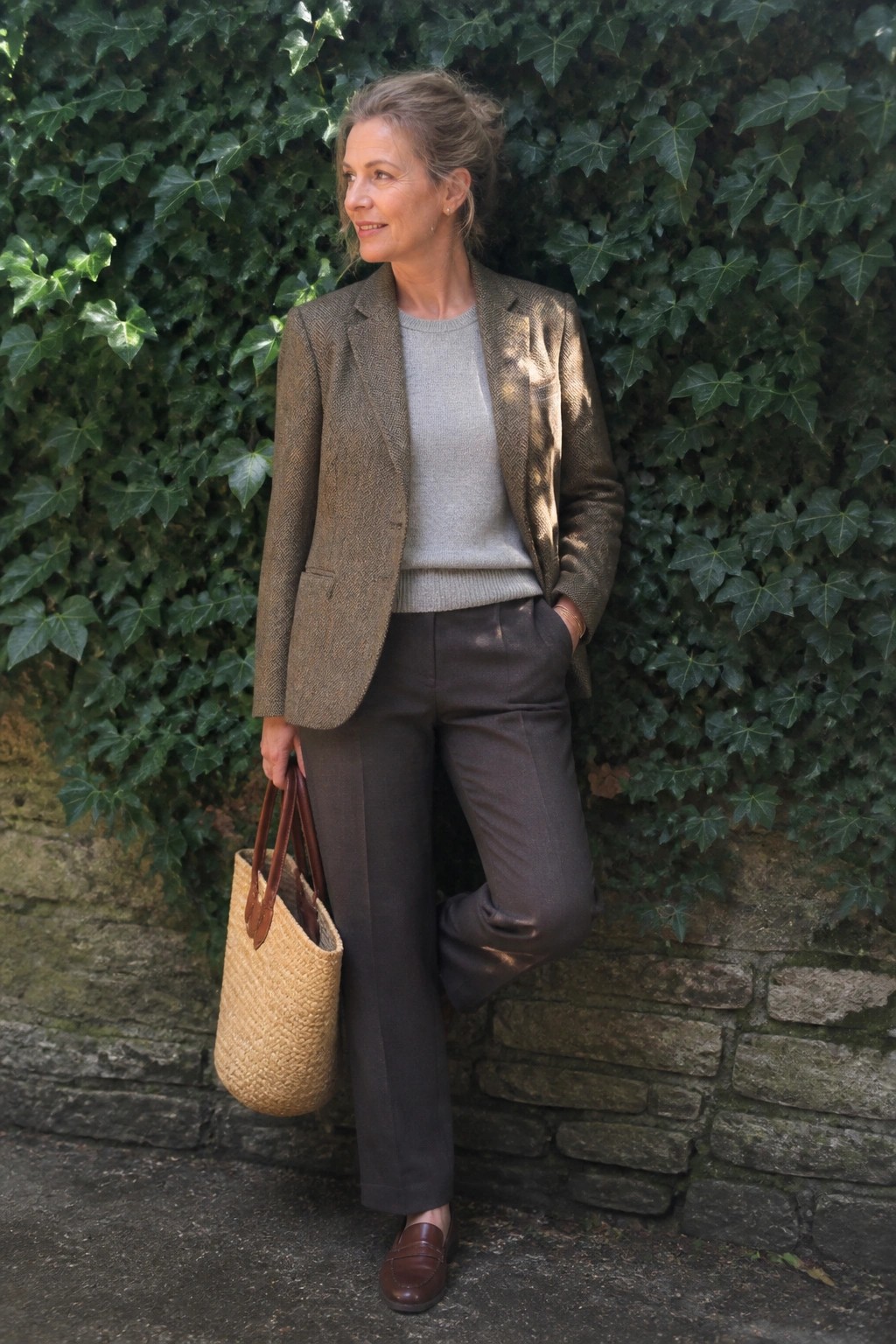 Woman over 50 wearing a brown tweed blazer over a light gray knit sweater with dark brown trousers and brown loafers while holding a straw tote bag.