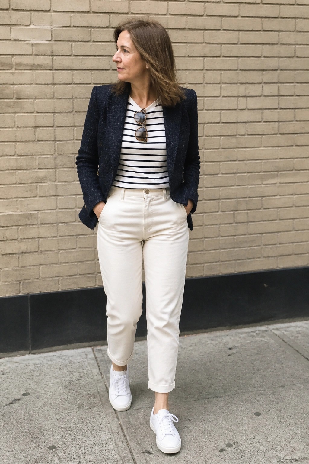Woman over 50 wearing navy tweed blazer over black and white striped top with white pants and white sneakers standing against brick wall.