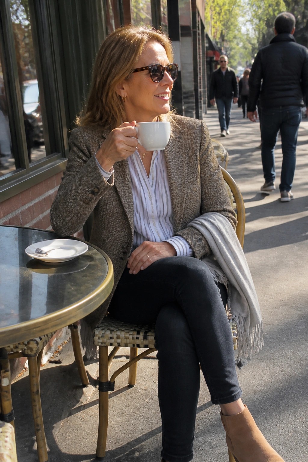 Smiling woman in tweed blazer holding white cup at sunny sidewalk cafe table.