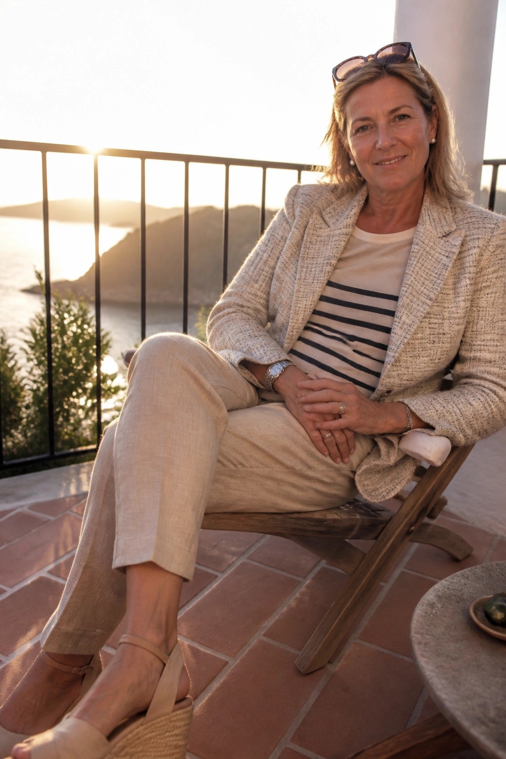 Woman in tweed blazer and striped top seated on balcony overlooking sea at sunset