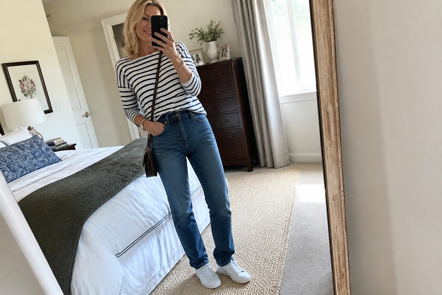 Blonde woman in striped shirt and jeans taking mirror selfie in bedroom