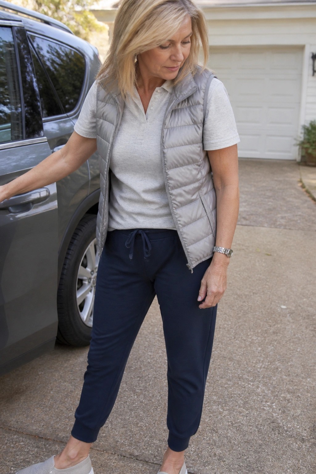 Blonde woman in gray puffer vest and navy joggers beside open SUV door