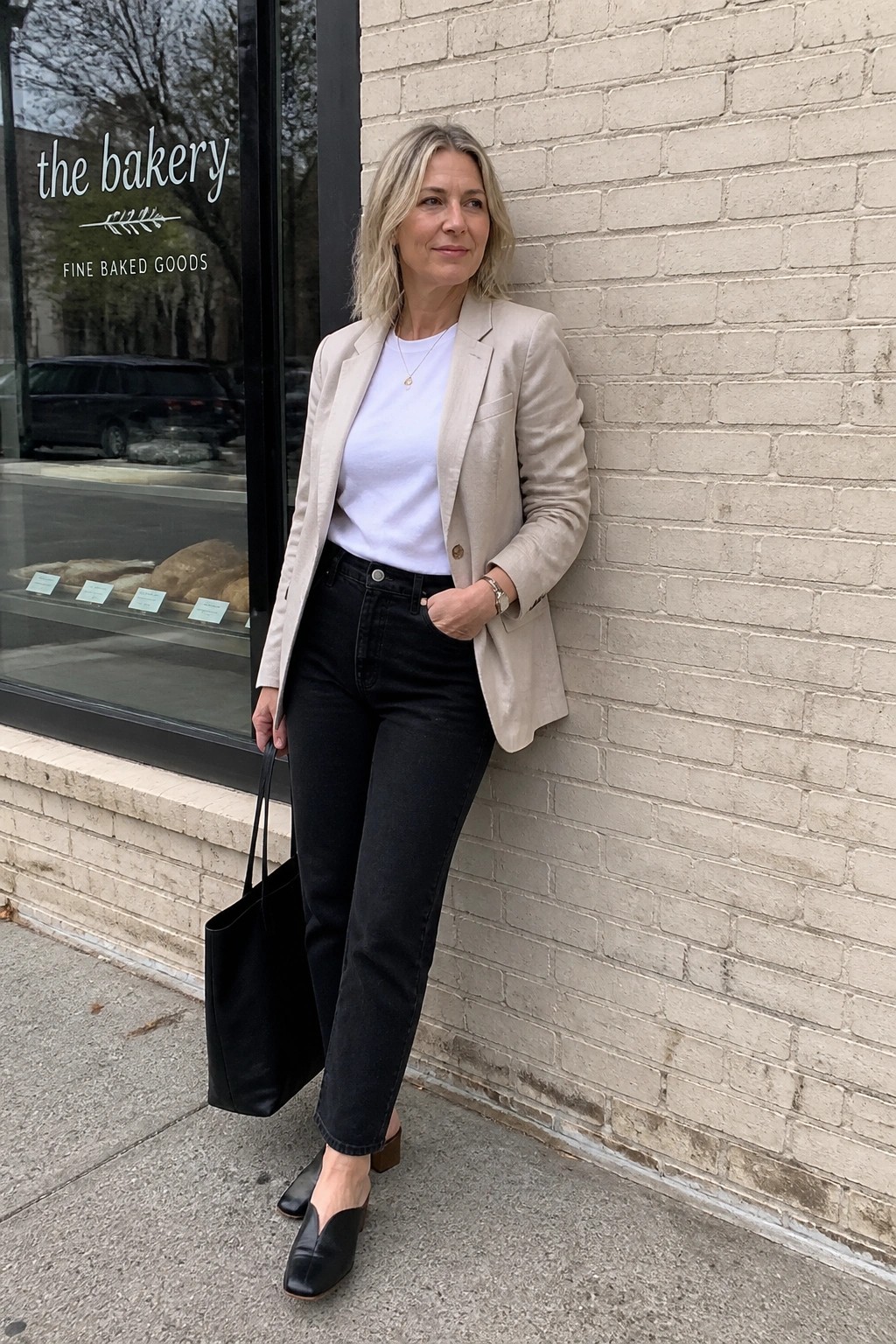Woman in beige blazer and black jeans holding tote bag outside bakery window