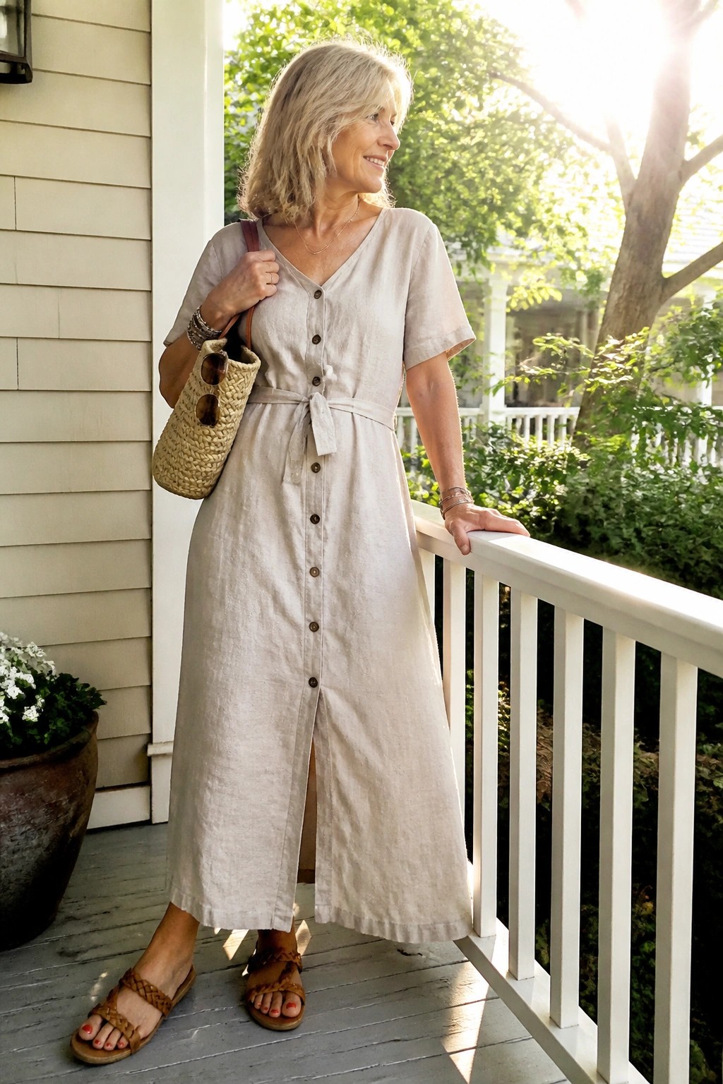 Woman in beige linen dress holding woven bag on sunny porch railing