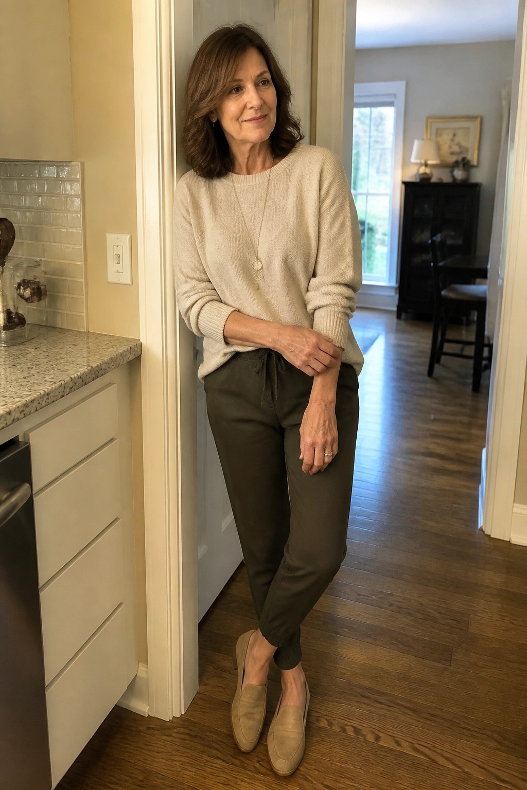 Woman in beige sweater and olive pants leaning in home doorway