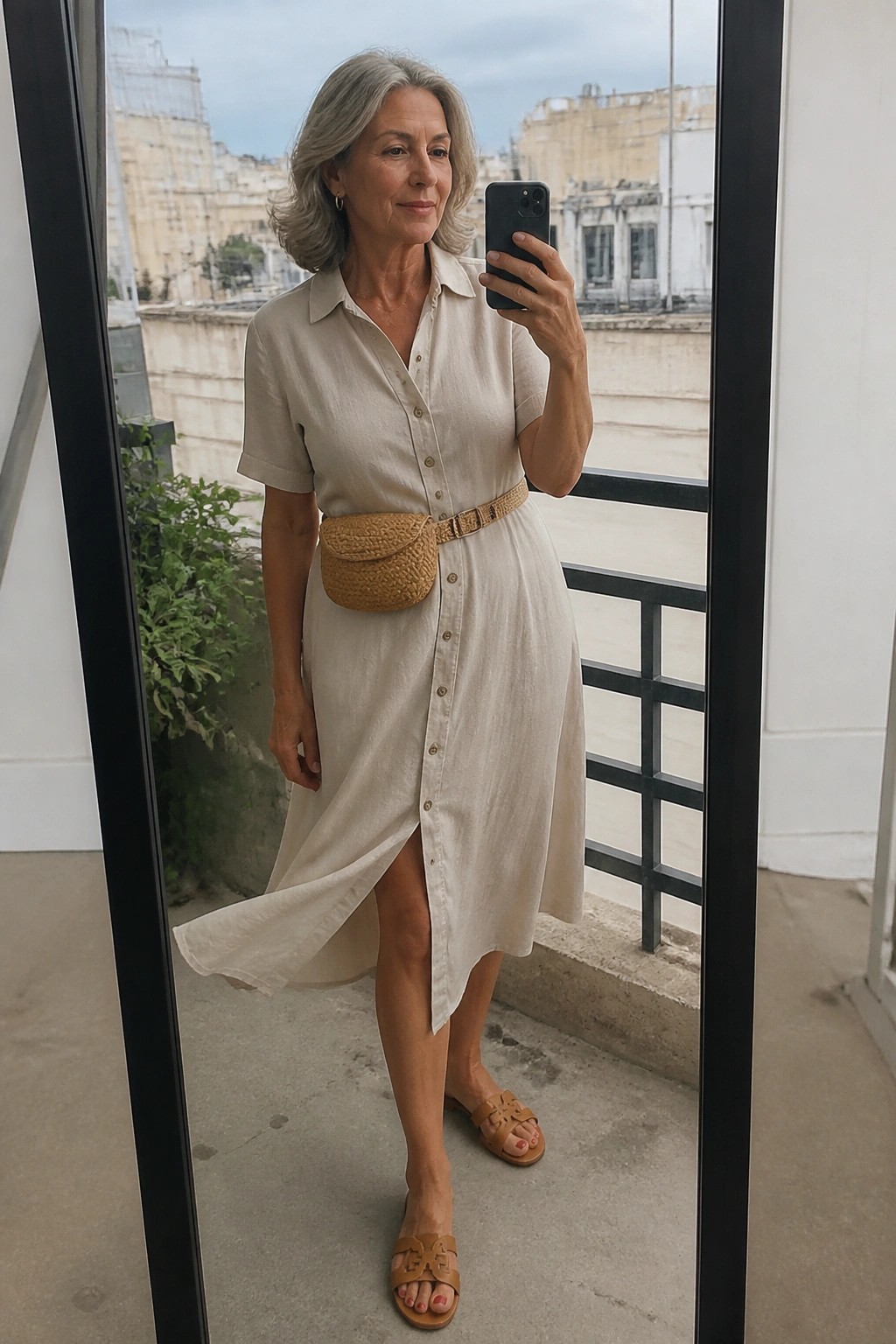 Silver-haired woman in beige shirt dress with woven fanny pack taking mirror selfie.