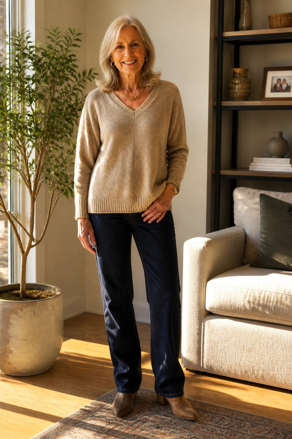 Smiling gray-haired woman in beige sweater and dark jeans in modern living room.