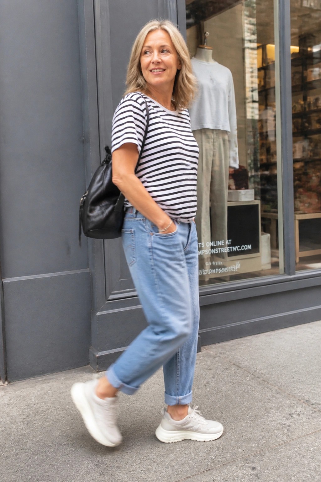 Woman over 50 in black and white striped short sleeve top light blue cuffed jeans and white platform sneakers carrying a black shoulder bag on a city sidewalk