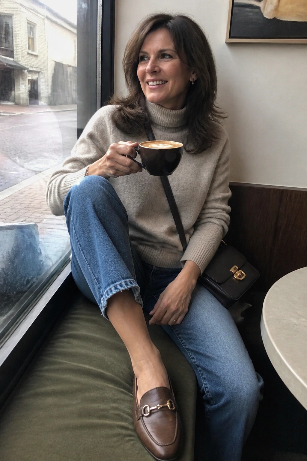 Woman in beige turtleneck sweater and jeans holding coffee by cafe window