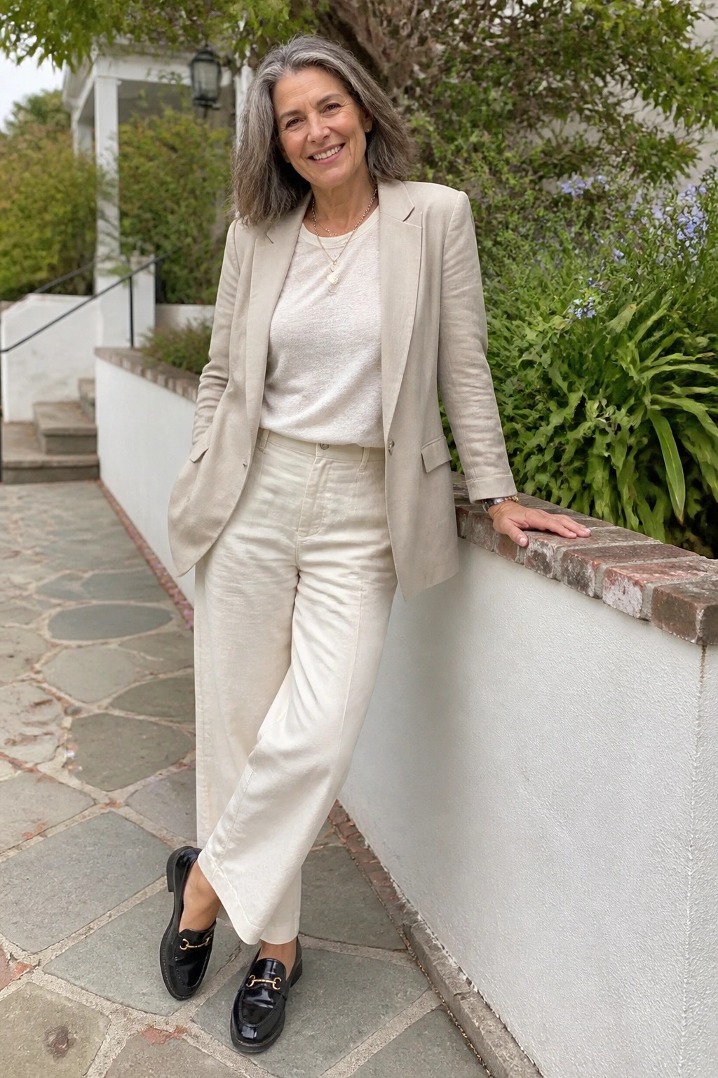 Smiling gray-haired woman in beige blazer and white pants leaning on brick wall outdoors
