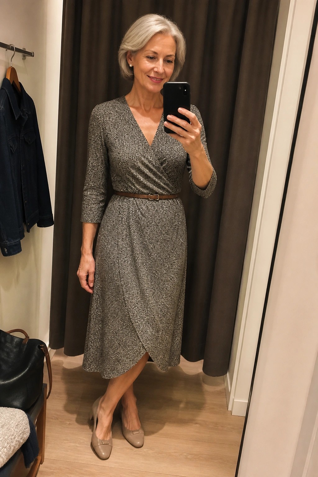Silver-haired woman in sparkly wrap dress takes mirror selfie in fitting room.