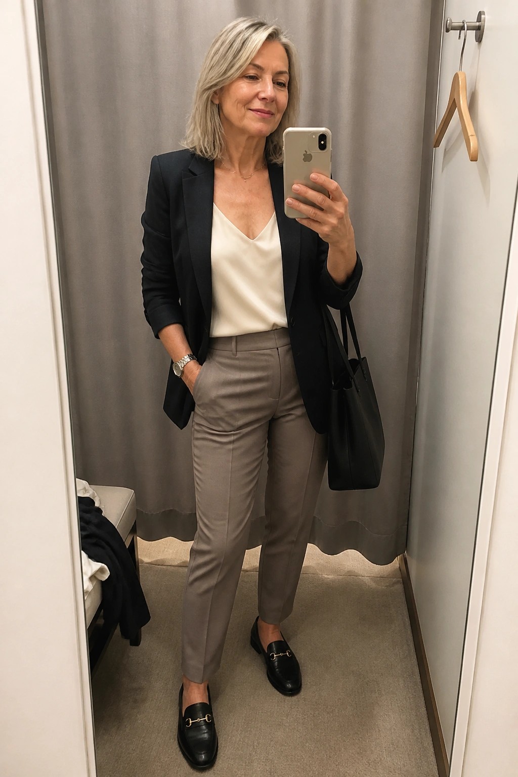Woman wearing black blazer over cream camisole with taupe trousers and black loafers holding phone for mirror selfie