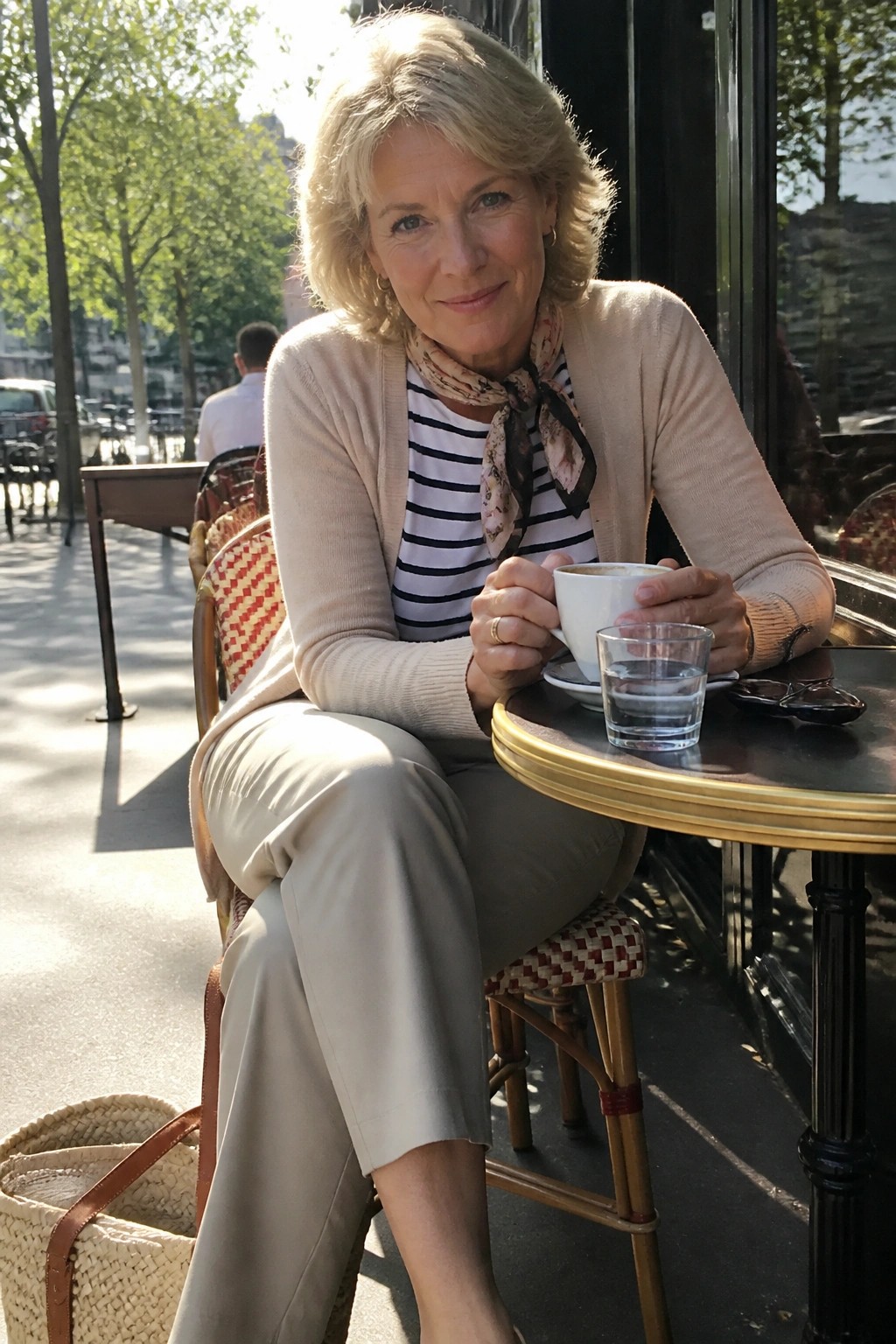 Woman over 50 wearing a beige cardigan over a black and white striped top with a floral scarf beige pants and minimal jewelry while seated at a cafe table holding a coffee cup.