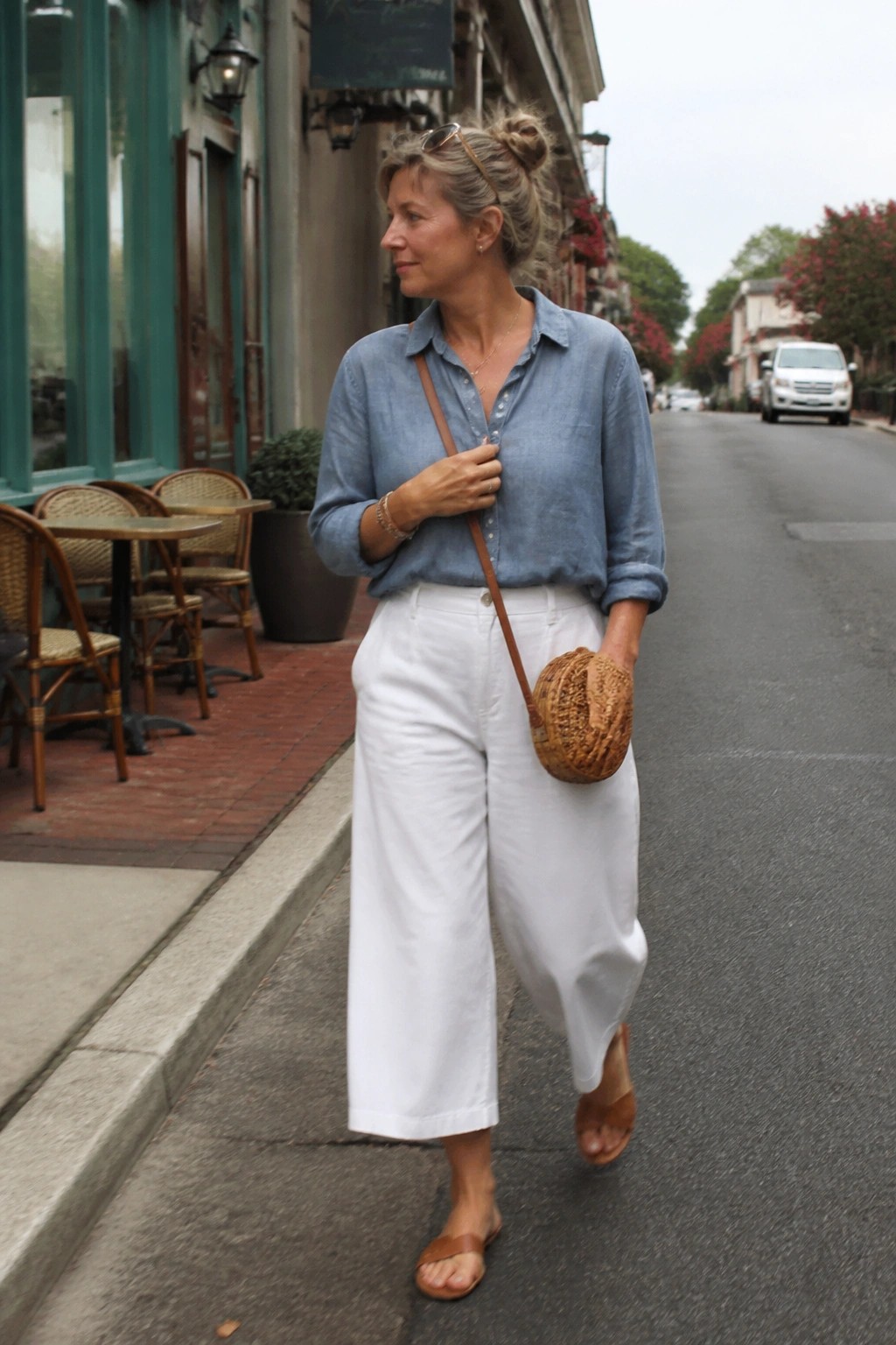 A woman over 50 in a light blue chambray button down shirt and white wide leg culottes with brown slide sandals plus a round woven crossbody bag on a sidewalk.