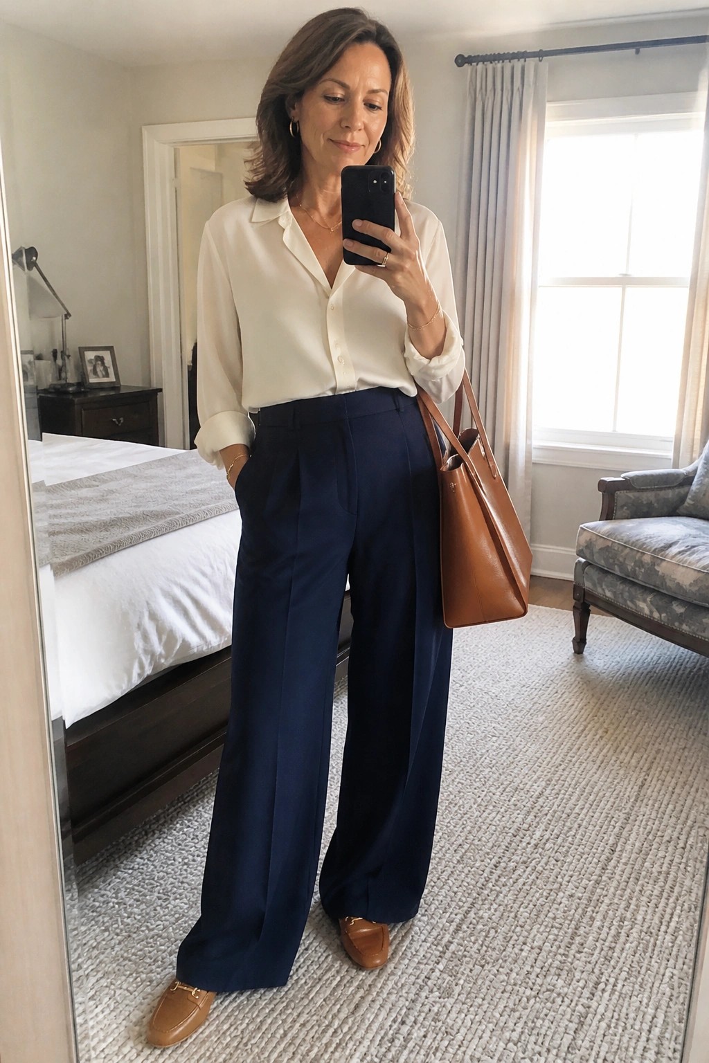 Woman in white blouse and navy wide-leg pants taking bedroom mirror selfie with brown tote
