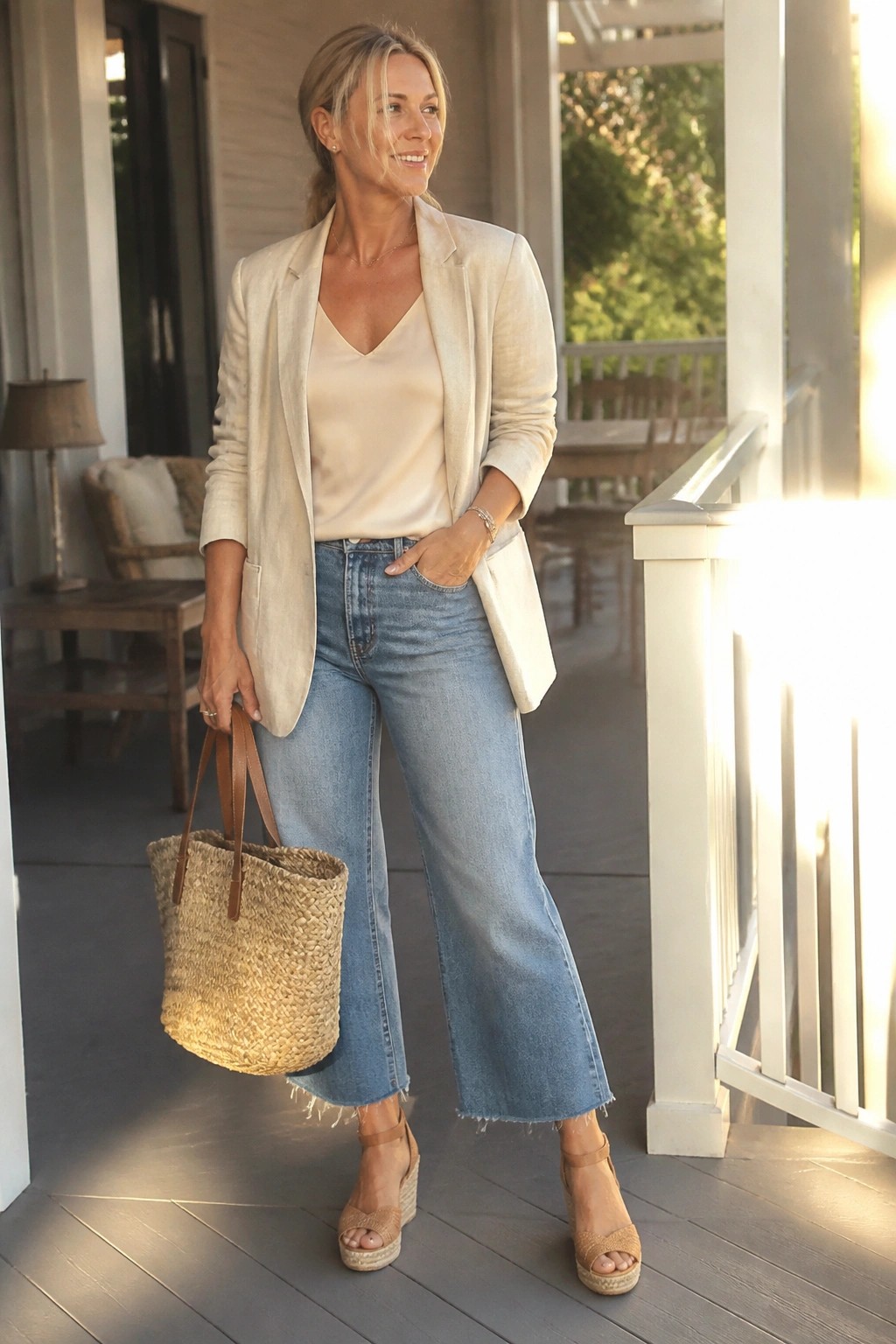 Woman in beige blazer and wide-leg jeans holding straw tote on porch