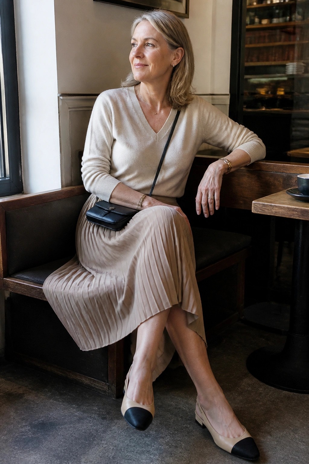 Woman in cream sweater and pleated beige skirt seated in cafe booth