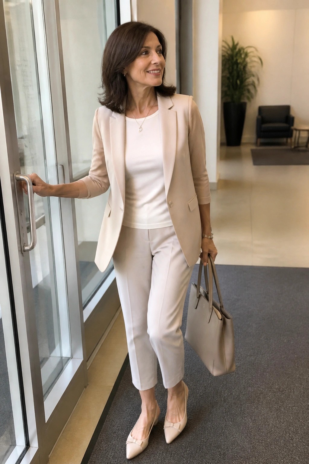 Woman in beige pantsuit holds door while carrying matching handbag in lobby