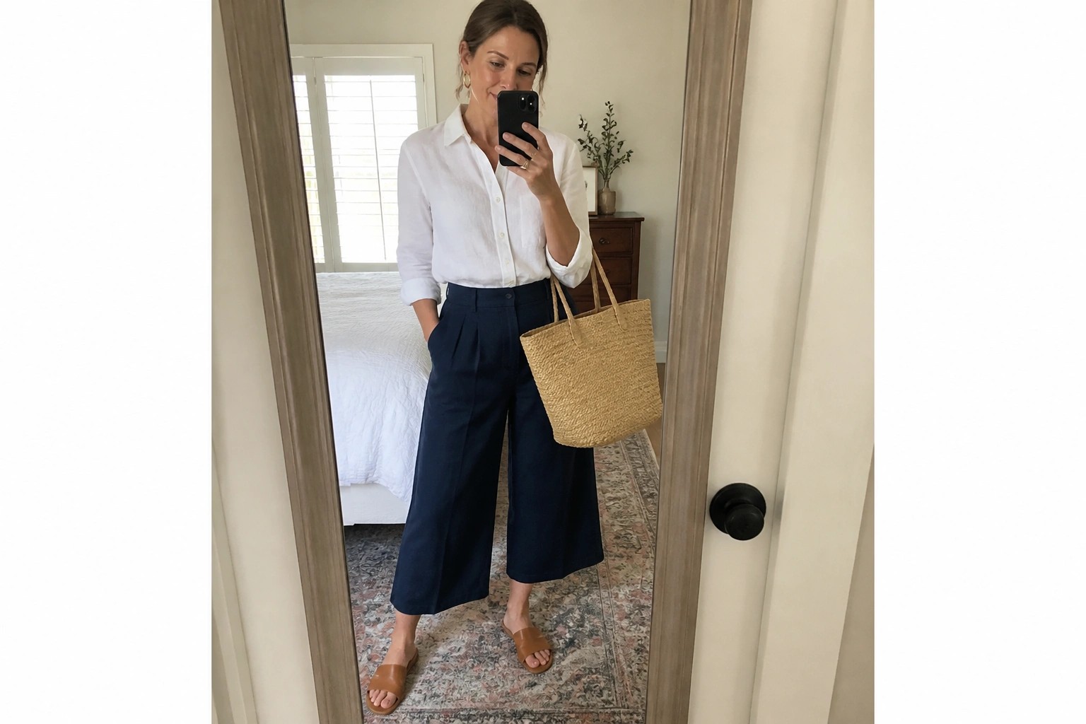 Woman in white shirt and navy pants holds straw bag in bedroom mirror