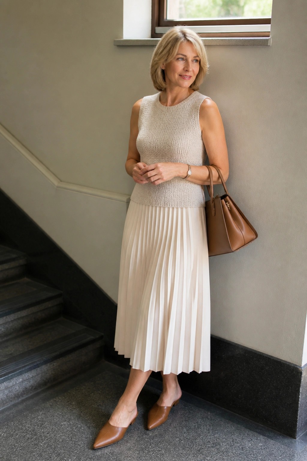 A woman over 50 wearing a sleeveless beige knit tank top and a cream pleated midi skirt with brown pointed toe mules and a brown leather handbag standing by a staircase.