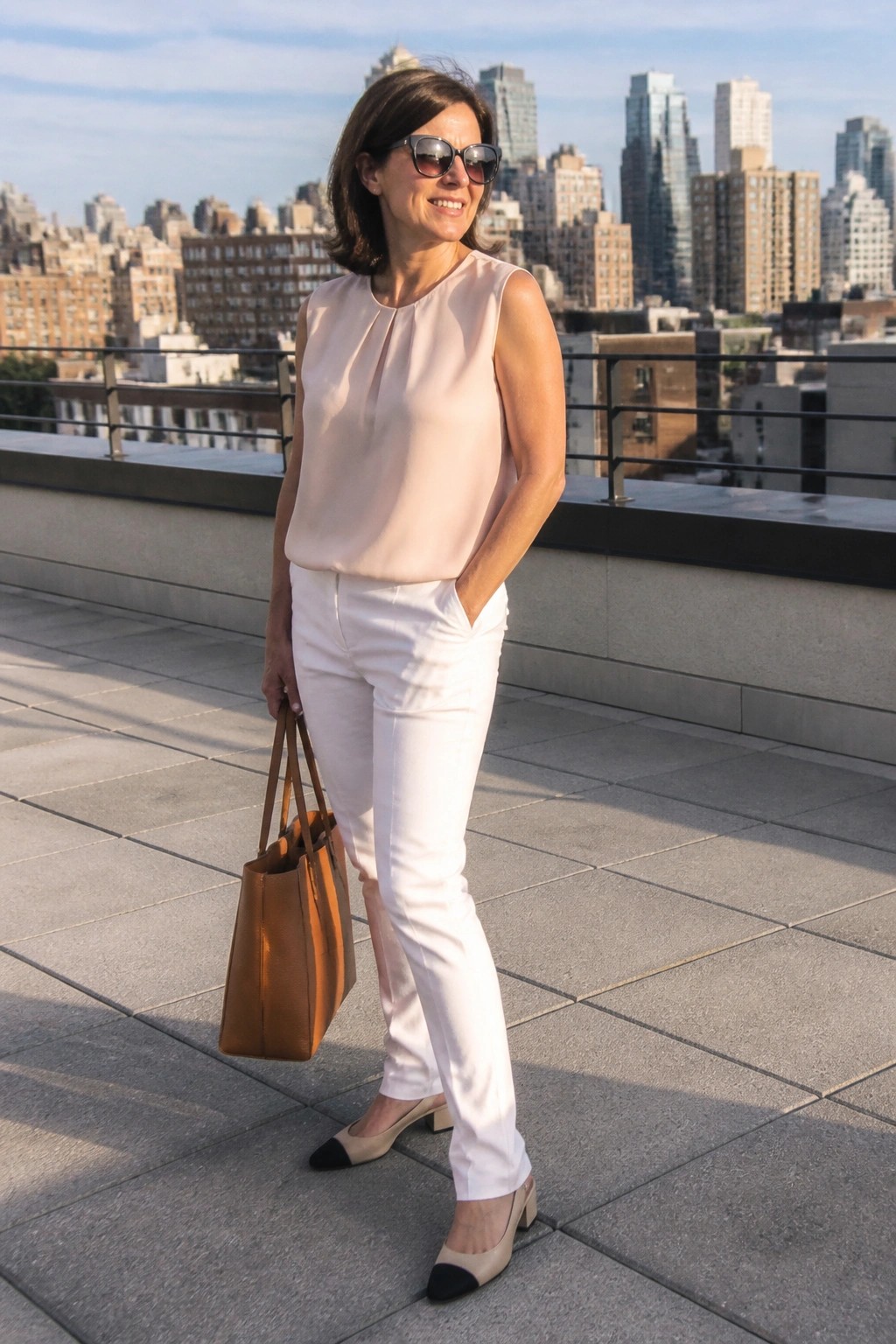Woman in blush pink blouse and white pants with brown tote on city rooftop