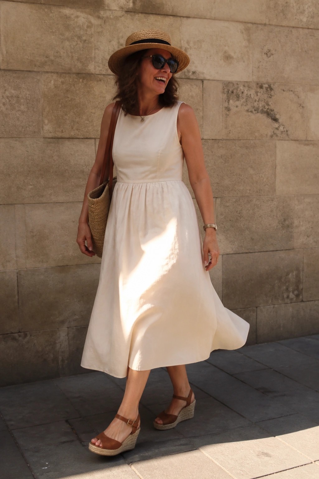 Smiling woman in white dress and straw hat carrying woven bag outdoors