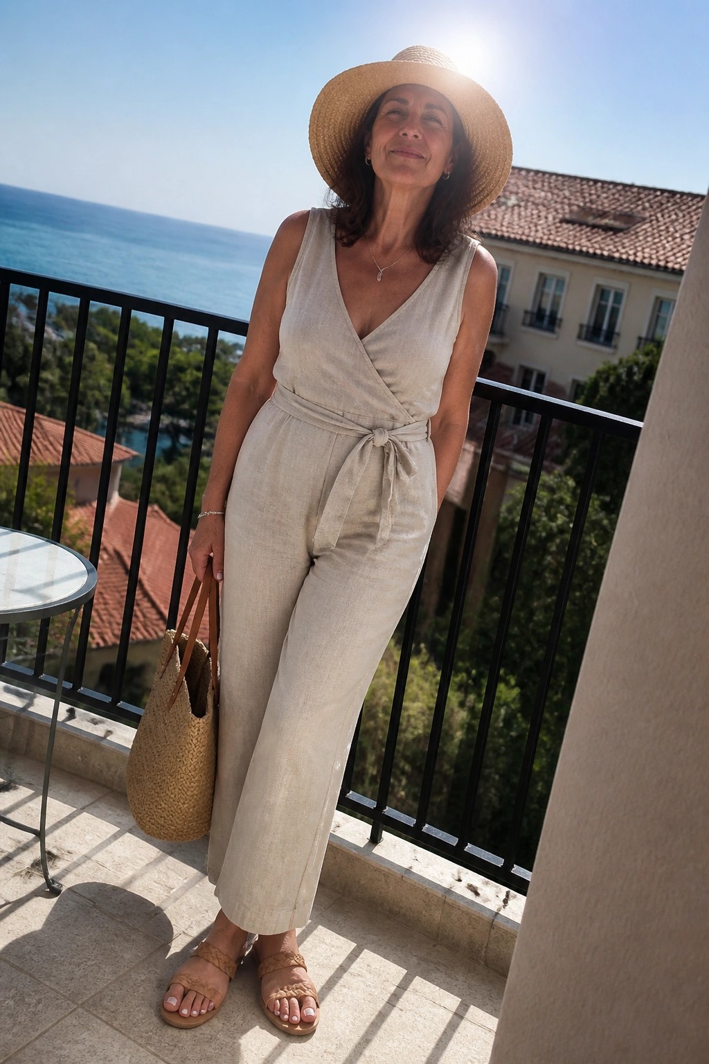Woman in beige jumpsuit and straw hat on sunny ocean-view balcony