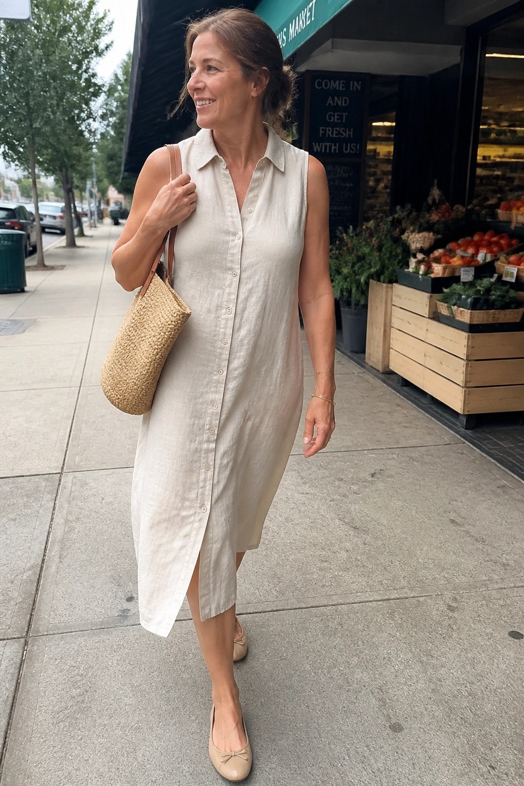 Woman over 50 in a sleeveless off white button down midi shirt dress, carrying a woven straw tote, wearing nude ballet flats with a bow, standing on a sidewalk.