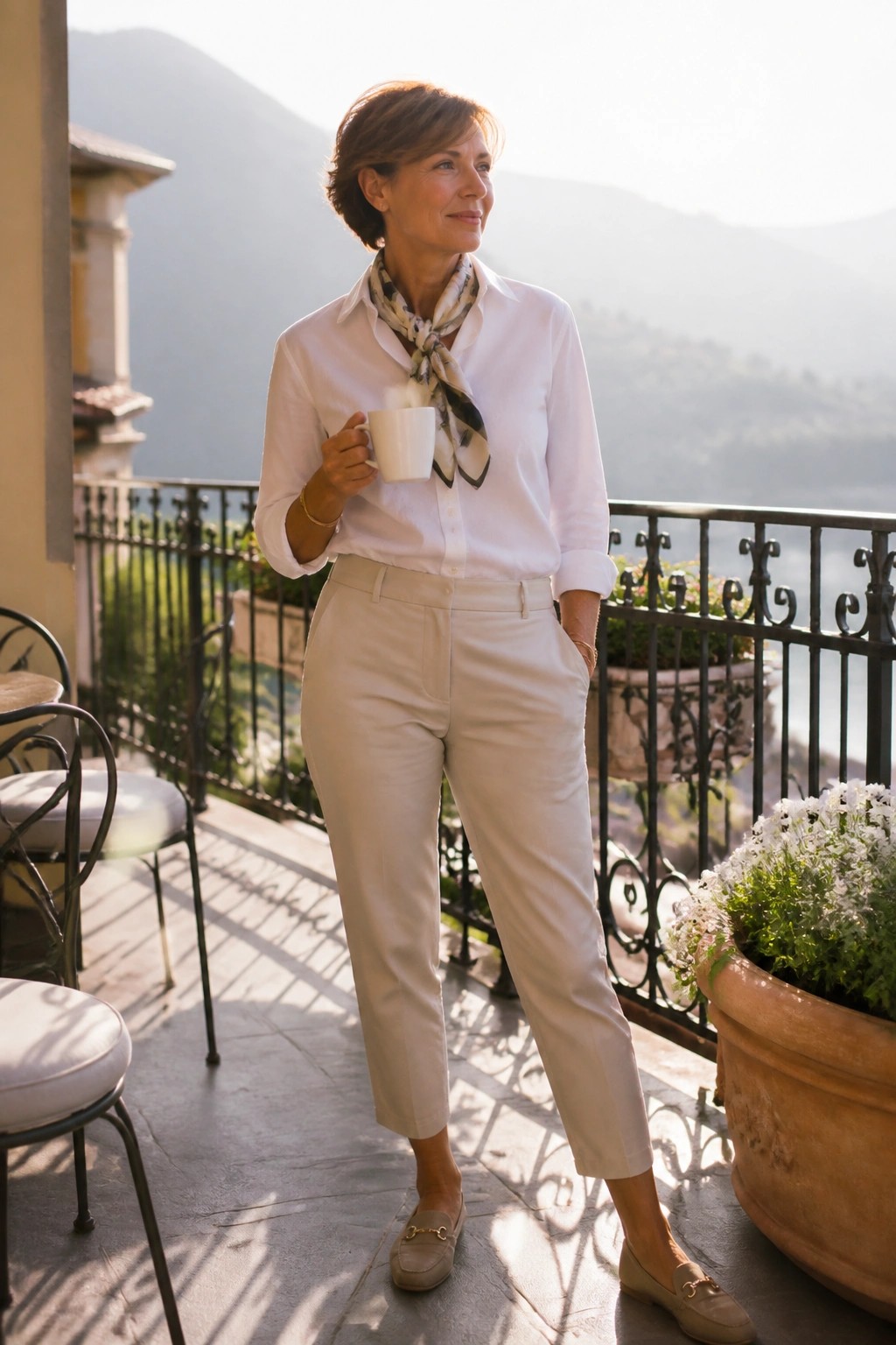 Woman in white shirt, patterned scarf, and beige pants holding mug on sunny balcony