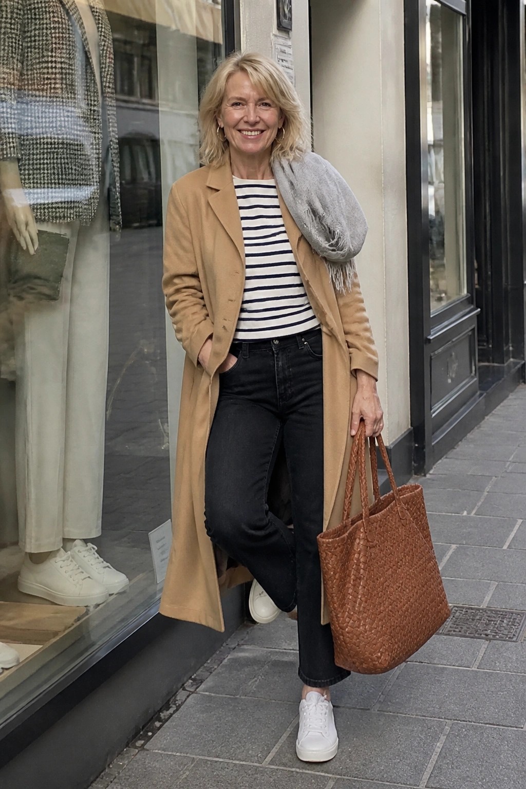 Blonde woman in tan coat and striped shirt holds woven bag on city sidewalk.