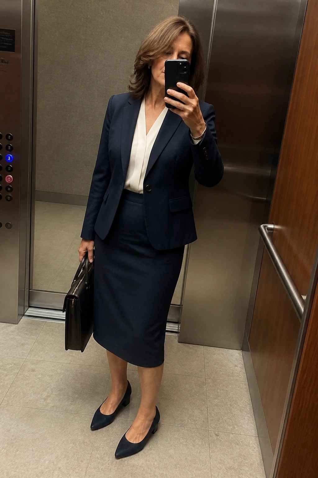 Woman in navy suit taking selfie in elevator holding black handbag and phone