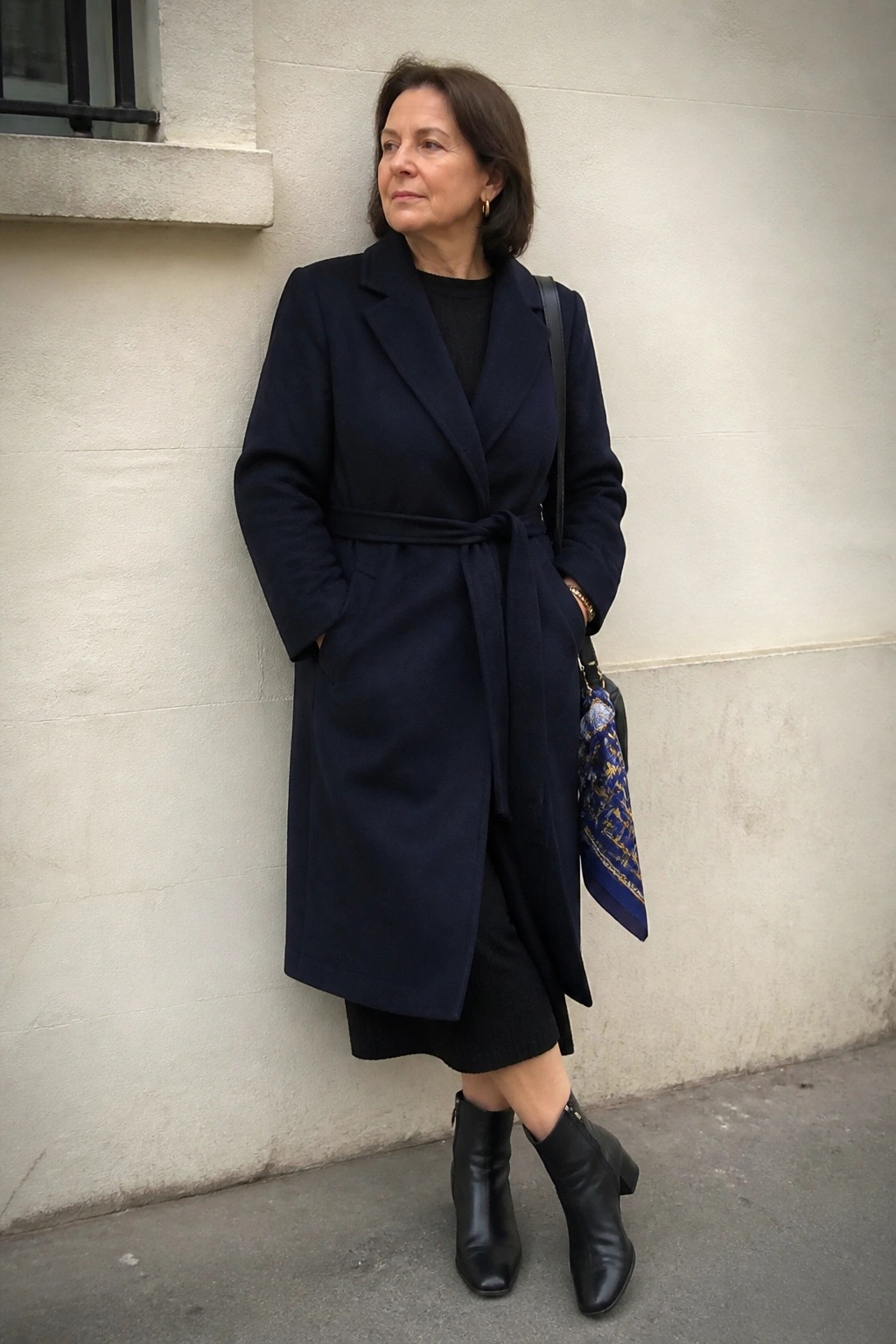 Woman in navy belted coat with black boots and handbag against light wall.