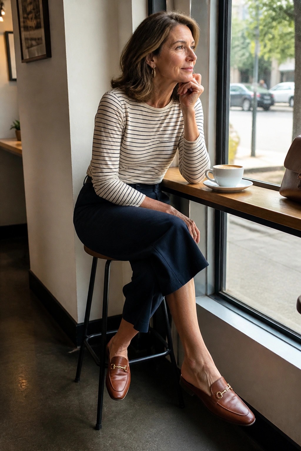 Woman in striped top and navy pants sits at cafe window with coffee