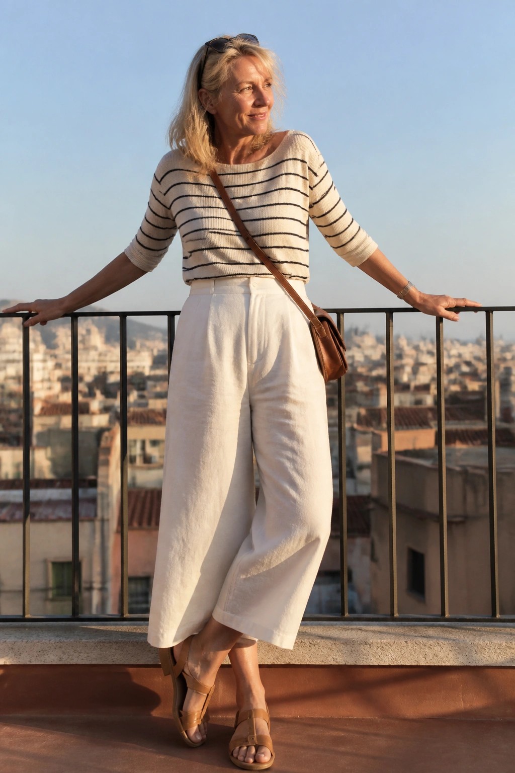 Blonde woman in striped top and white pants leaning on balcony railing over city