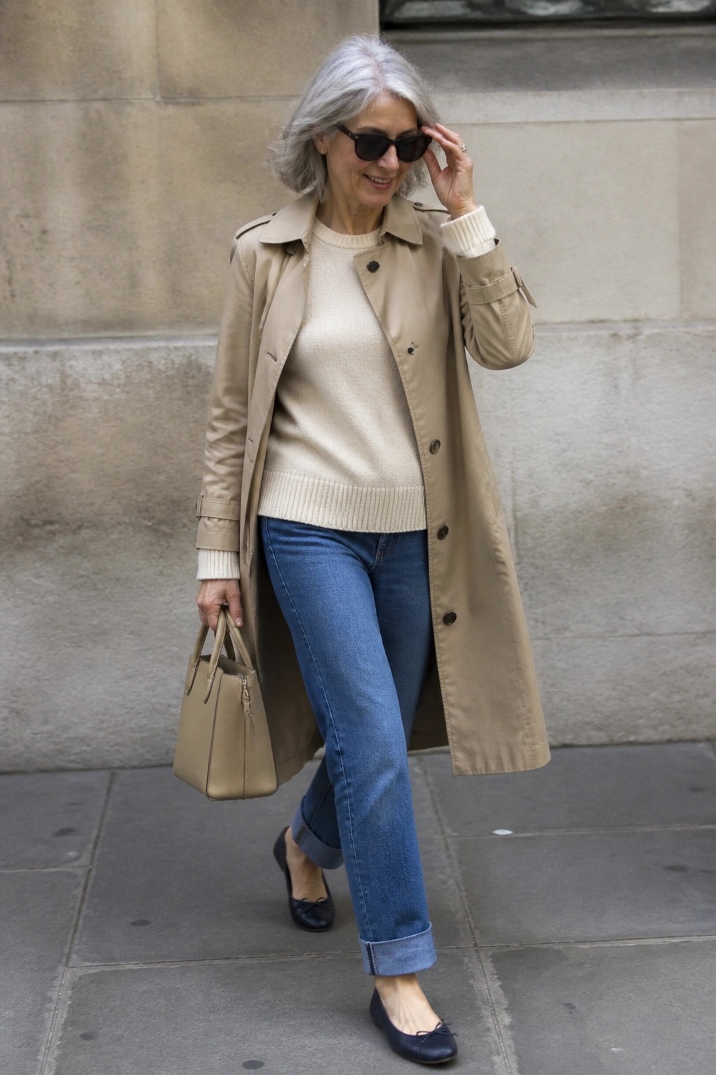 Gray-haired woman in beige trench coat, cream sweater, blue jeans, carrying handbag