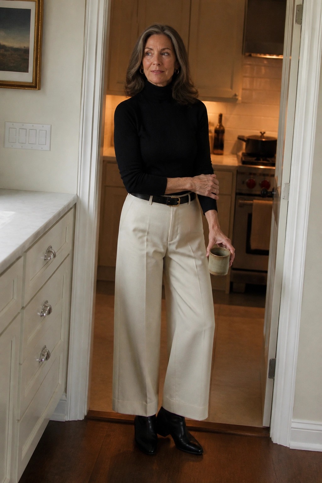 Woman in black turtleneck and cream wide-leg pants holds mug in kitchen.