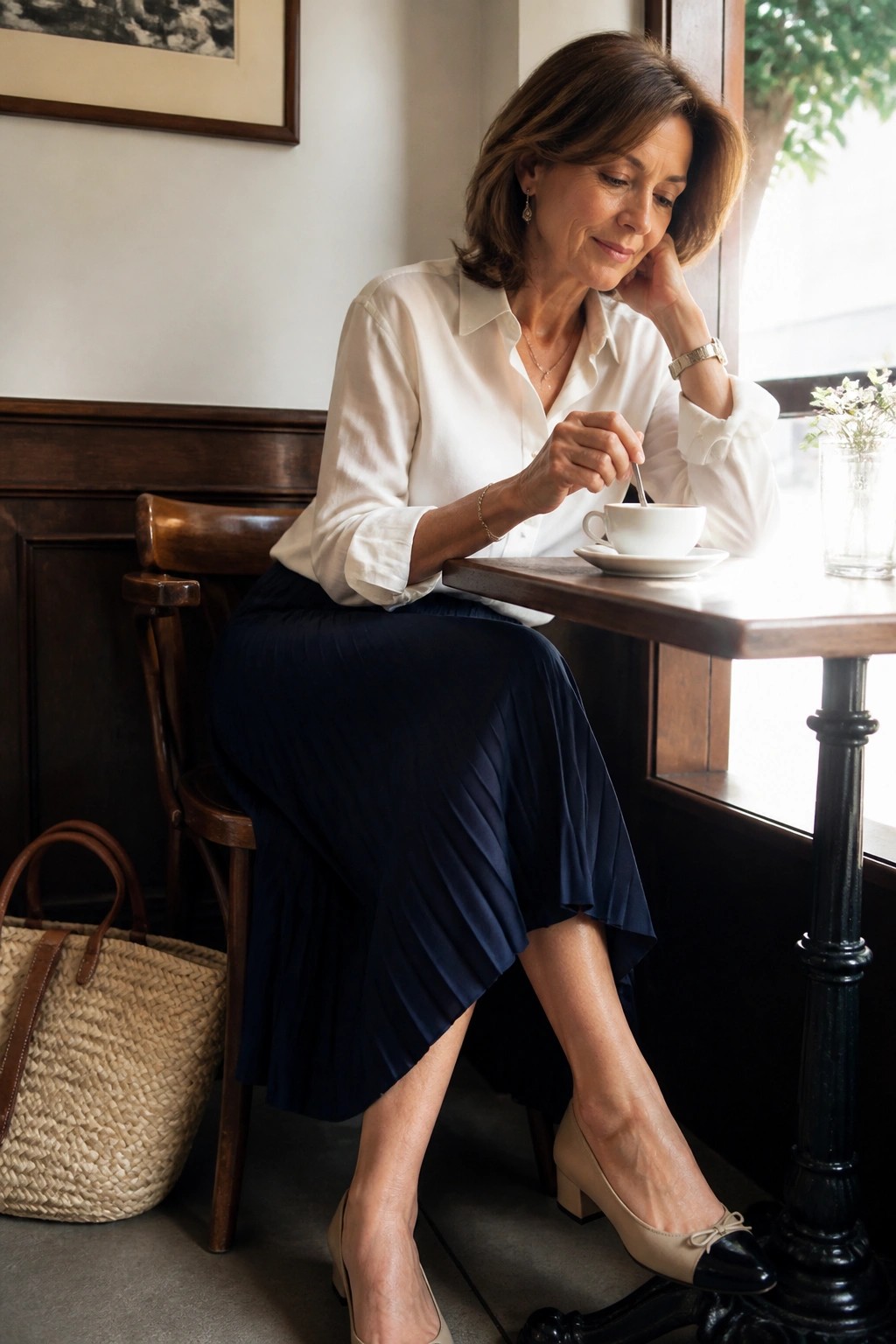 Woman in white shirt and navy pleated skirt stirring coffee at cafe table