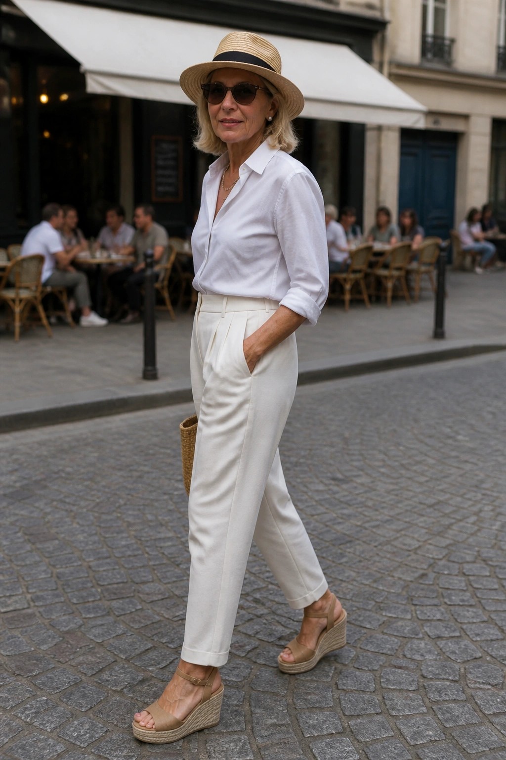 Woman in white shirt and pants with straw hat on cobblestone street