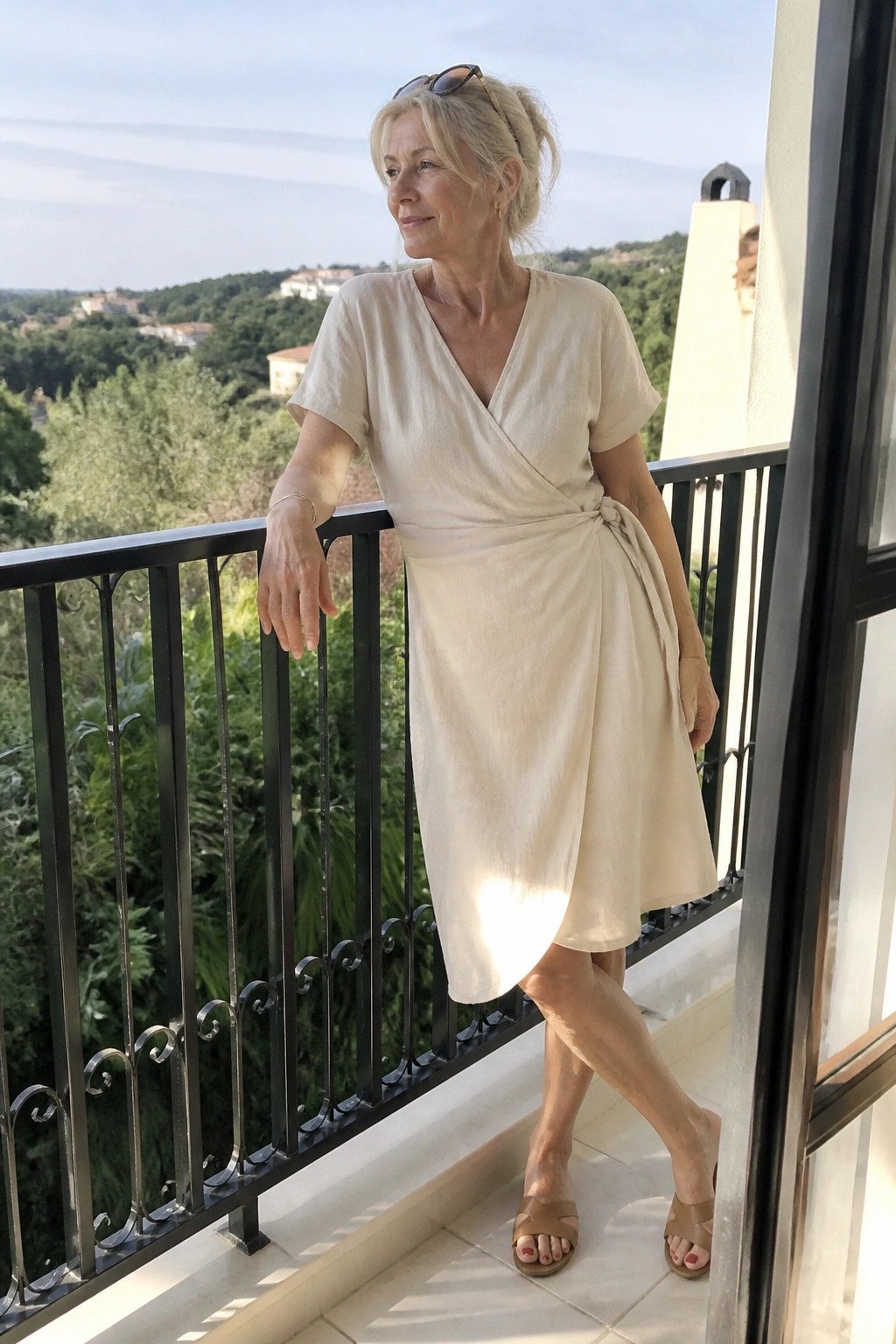 Woman in beige wrap dress leaning on balcony railing overlooking green hills