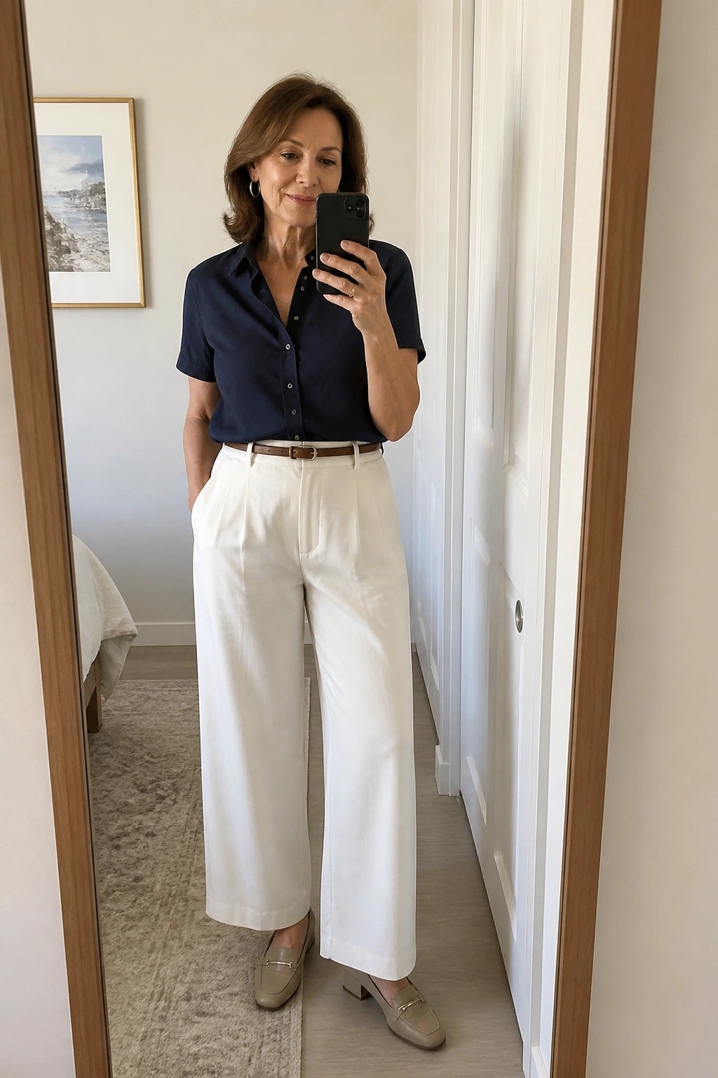 Woman in navy blue shirt and white wide-leg pants taking mirror selfie.