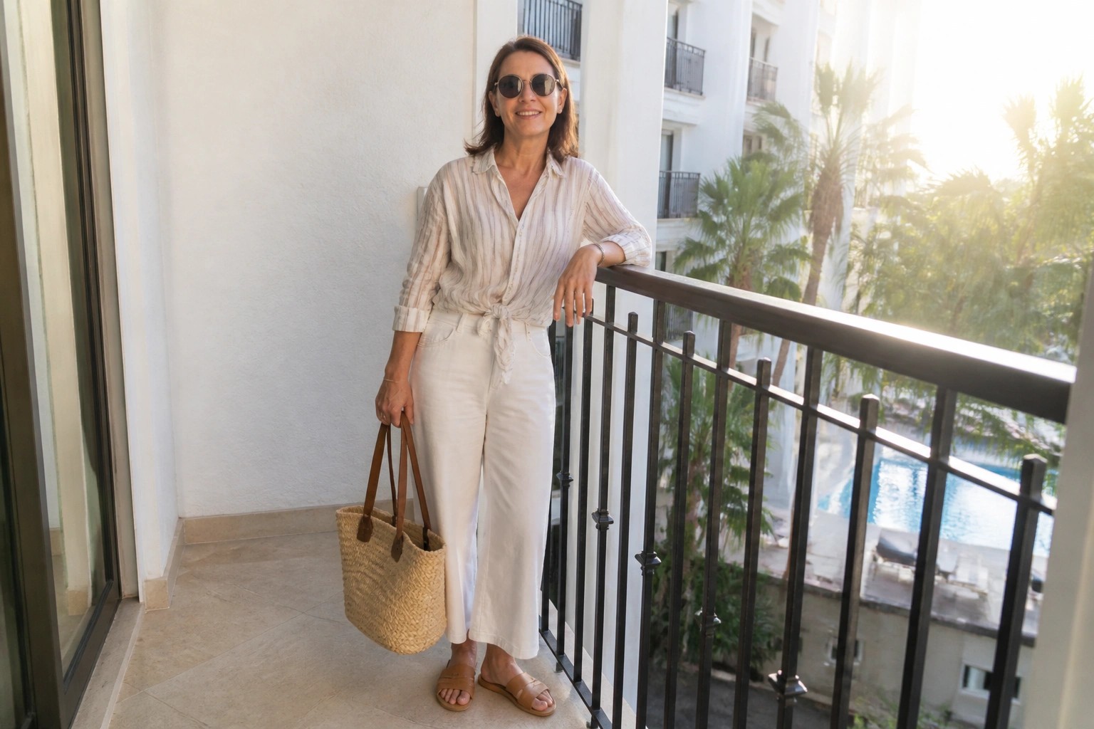 Smiling woman in tied striped blouse and white pants holds straw bag on ocean-view balcony