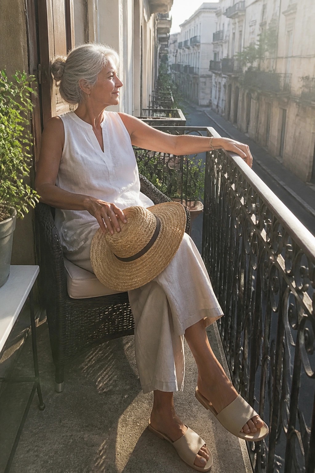 Elderly woman in white top and beige pants sits on balcony holding straw hat