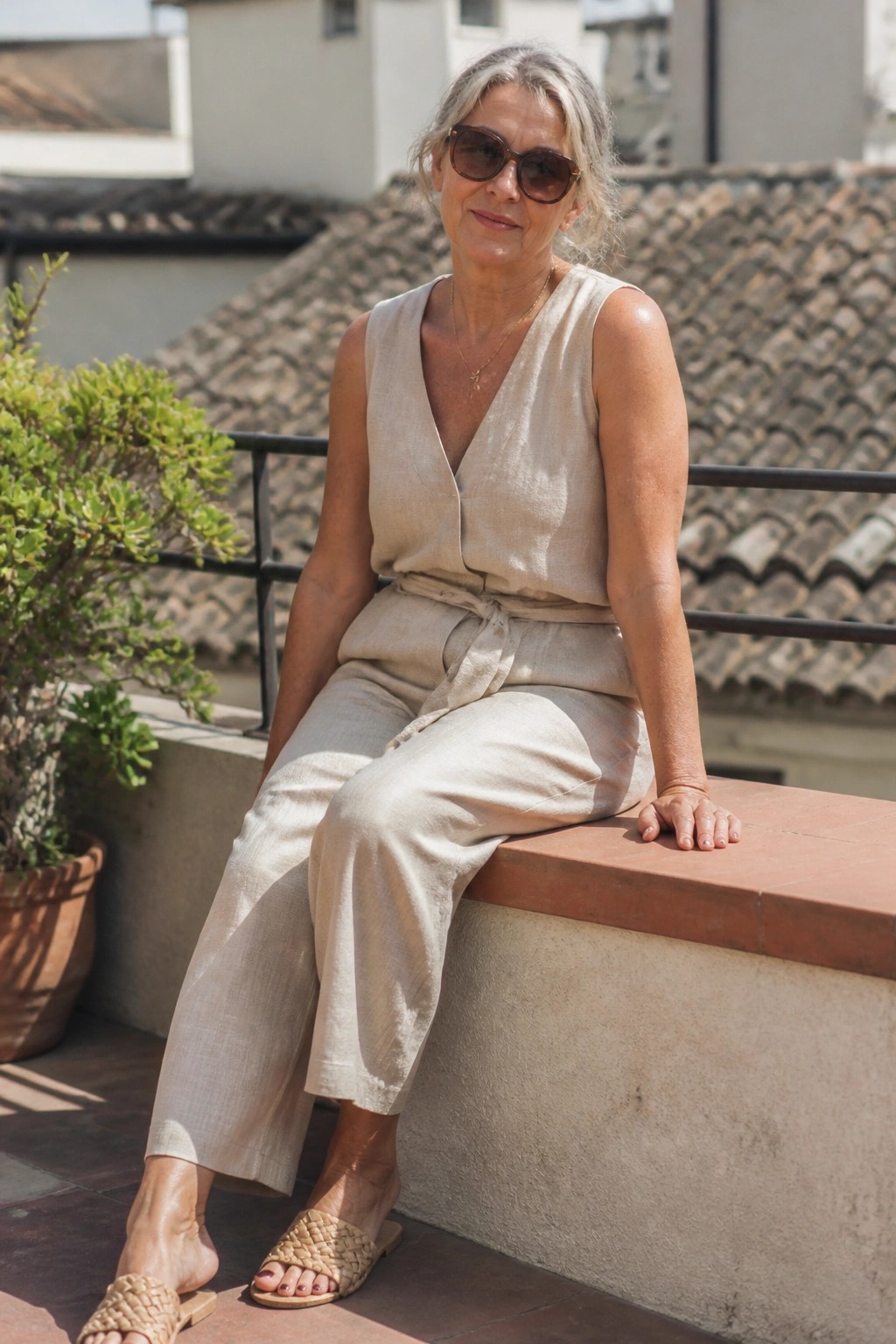 Woman wearing a neutral linen wrap top tied at the waist with matching wide cropped pants and woven slide sandals