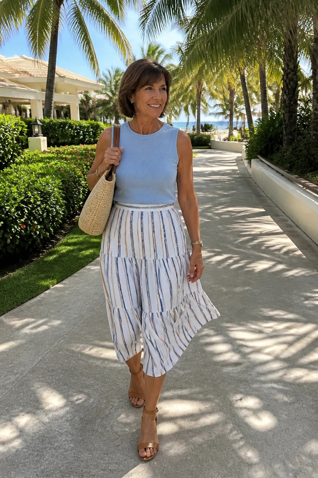 Woman in blue top and striped tiered skirt carrying woven bag on tropical path.