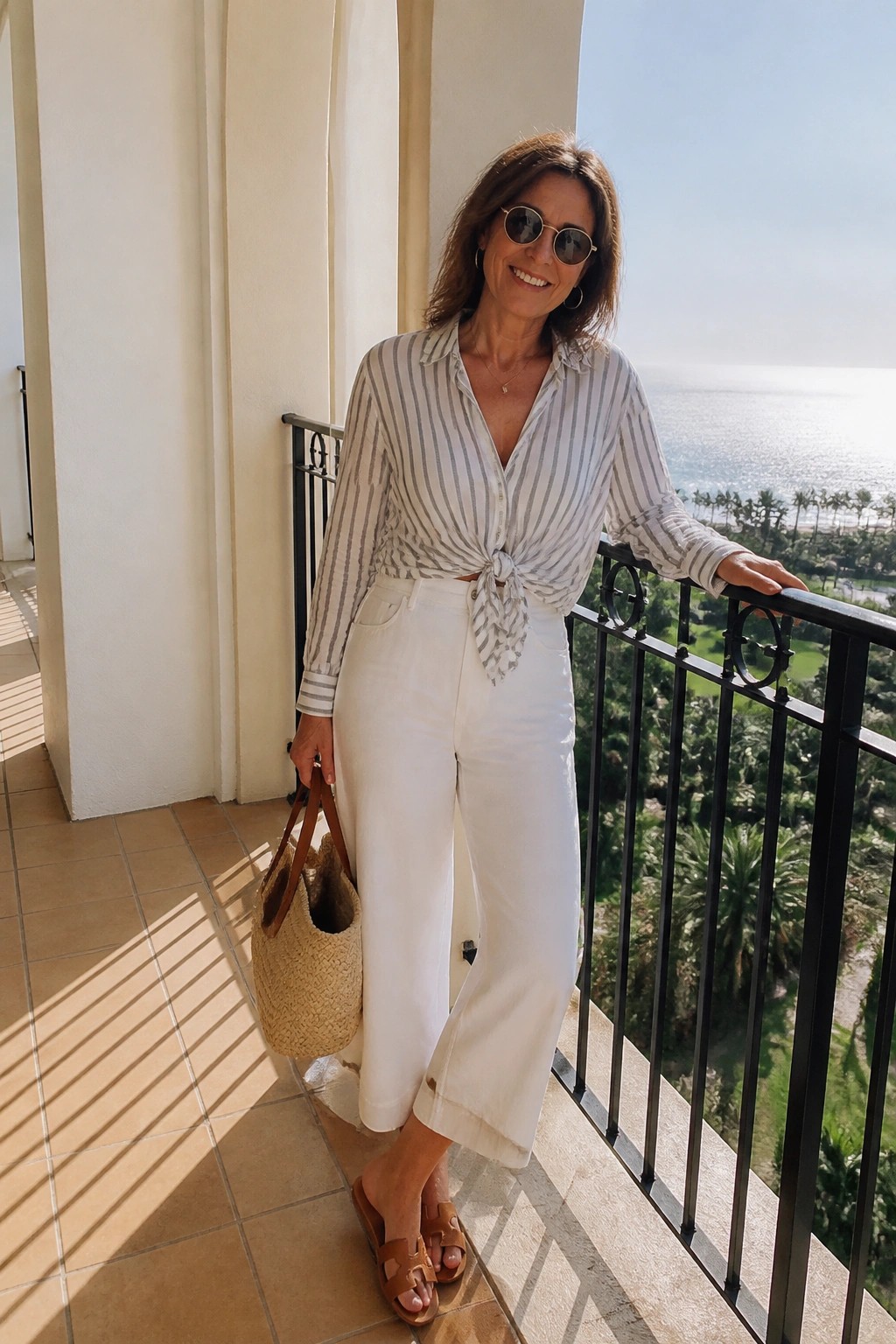 Smiling woman in tied striped blouse and white pants holds straw bag on ocean-view balcony