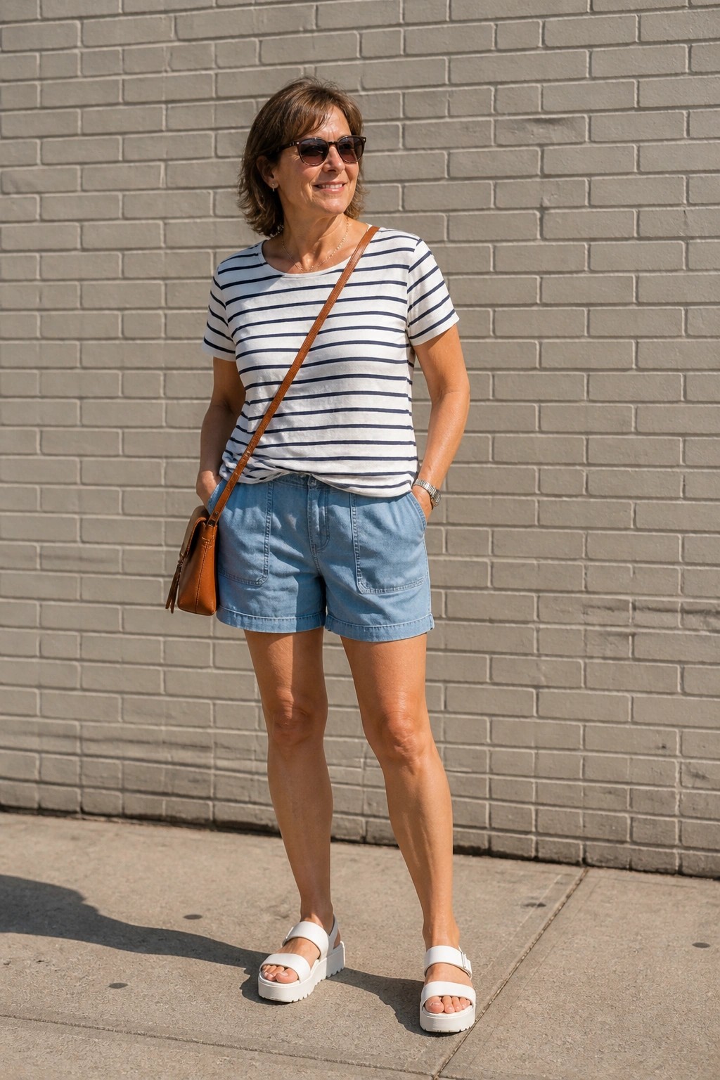 Woman over 50 in a white and navy striped short sleeve t-shirt tucked into light blue denim shorts, white platform sandals, brown crossbody bag, and sunglasses standing against a brick wall.